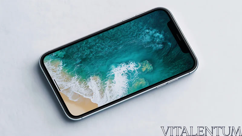 Smartphone with ocean display lies on clean white surface.
