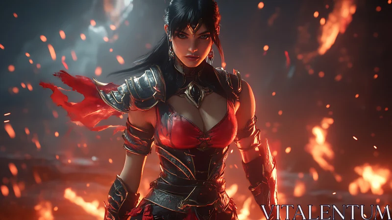 Warrior sorceress in burning battlefield armor tableau.