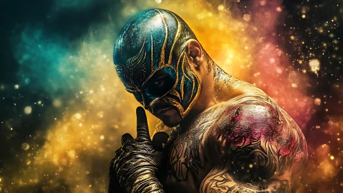 Masked wrestler in glittering cosmic spotlight of color.