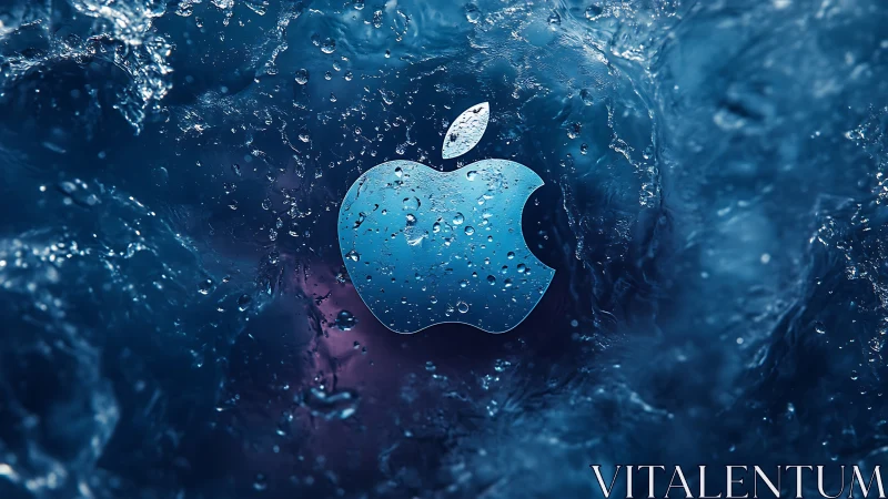 Apple logo centered in blue liquid water splash field.