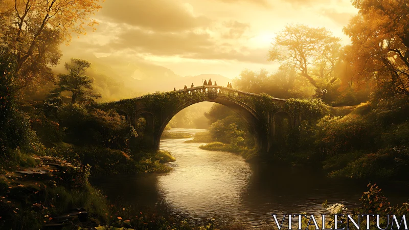 Golden sunset bathes stone bridge over tranquil forest river