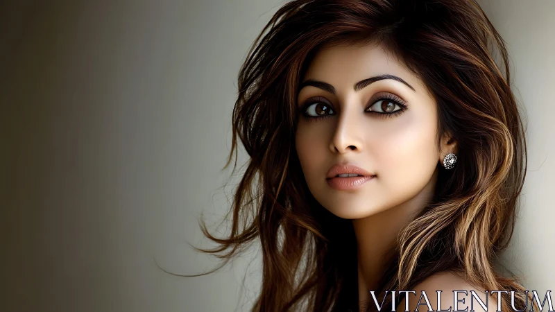 Soft-lit digital portrait of woman with flowing brown hair.