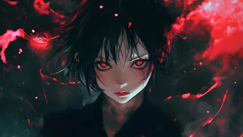 Red-eyed anime girl commands burning shadows and smoke