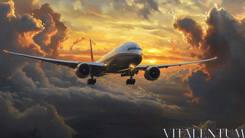 Sunset storm-runner jet carving firelit cloud canyons.