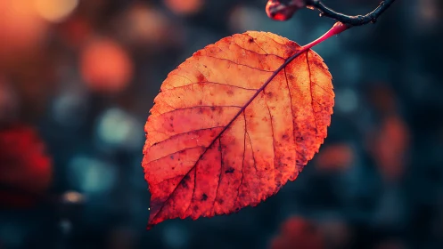 Single autumn leaf glows in shallow-depth macro composition