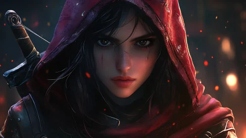 Hooded female warrior portrait with sword and embers.