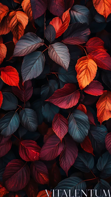 Layered red and dark-toned leaves in dense overhead pattern.