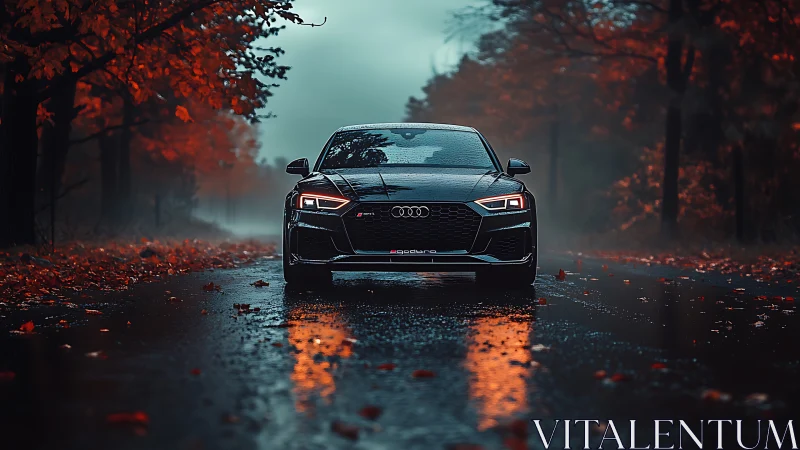 Midnight sedan prowls through misty road of burning autumn