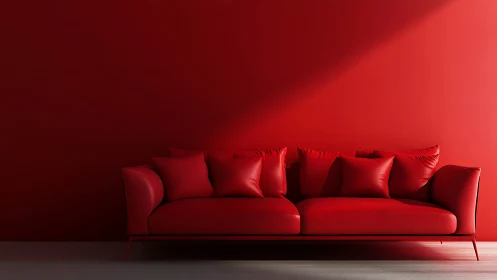 Red minimalist sofa against plain red wall interior.