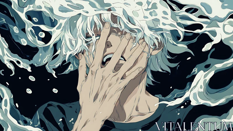 White haired figure submerged in stylized swirling liquid.