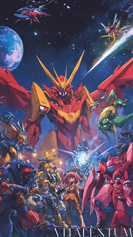 Cosmic mecha guardians rally under a starlit battlefield.