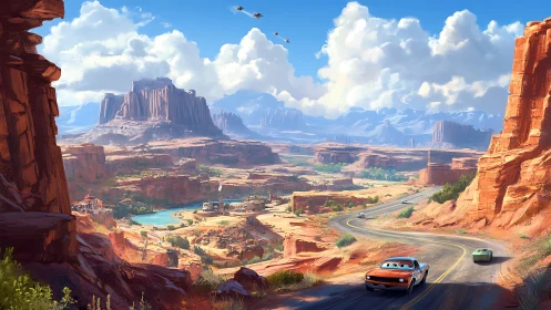 Sunlit canyon highway where playful road trips begin.