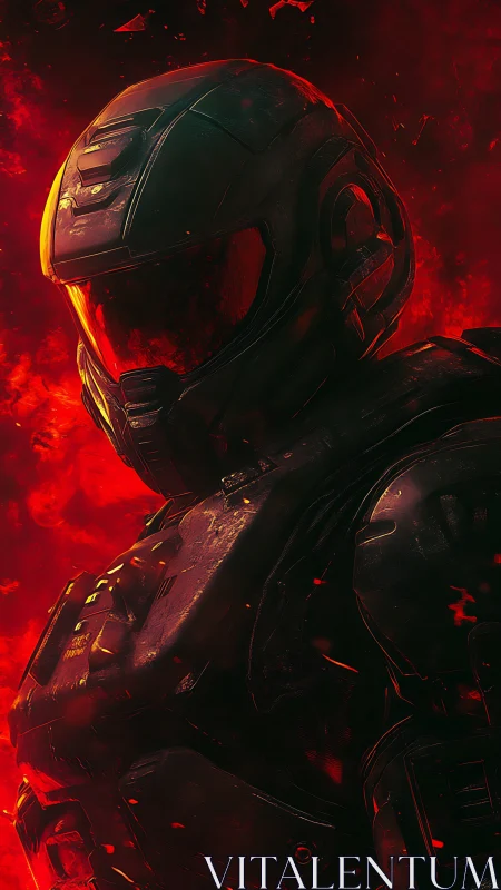 Cybernetic heavy armor silhouette amid inferno-grade backlight.