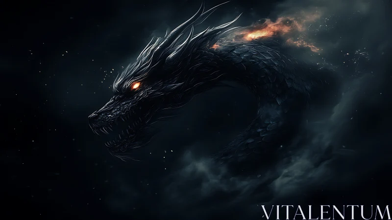 Nightfire serpent dragon coiled in burning storm clouds.