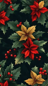 Digital botanical poinsettia pattern with holly structure.