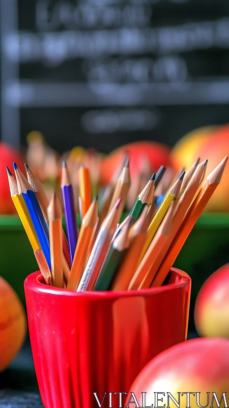 Color pencils in red cup form saturated classroom still life