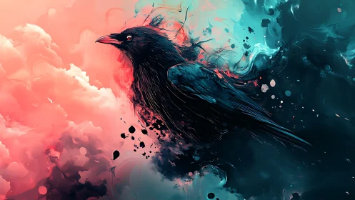 Soaring ink-black raven glides between pink and teal clouds