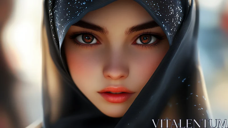 Digital portrait shows close frontal view of veiled subject