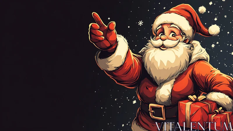 Santa figure points outward while holding wrapped gifts