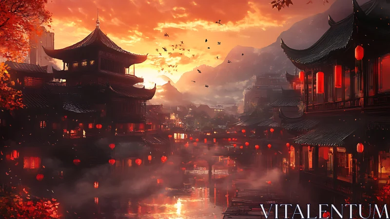 Lantern lit riverside town under dramatic orange sunset.