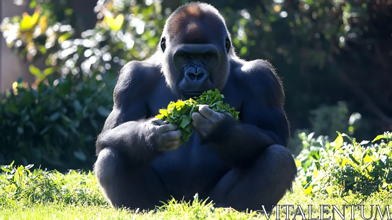 Gorilla sitting on grass calmly eating leafy green plants.
