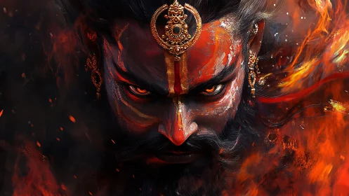 Fiery demigod portrait with molten war paint and ornate crown