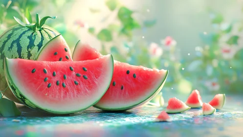 Digital painting still life of summer watermelon wedges on table.