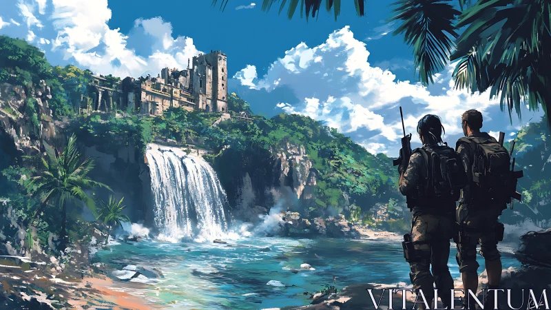 Armed explorers survey ruined cliff fortress by waterfall.