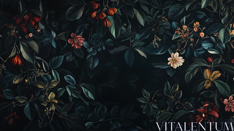 Dark Botanical Garden with Vintage Flowers.