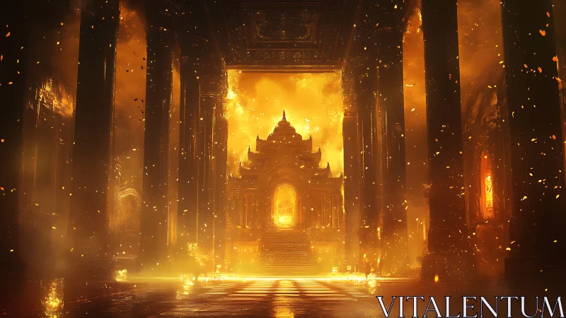 Incandescent temple hall rendered with volumetric firelight and embers