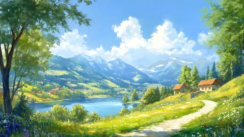 Sunlit lakeside path winding through dream-bright valley fields.