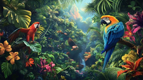 Tropical macaws above dense rainforest gorge with waterfall