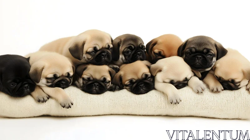 Pug puppy daydreams drift together on a shared sleepy cloud