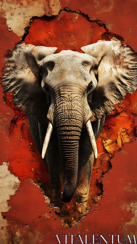 Elephant strides through cracked ember wall into fierce focus