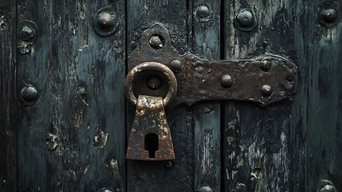 Rusty metal padlock on weathered dark wooden door surface.
