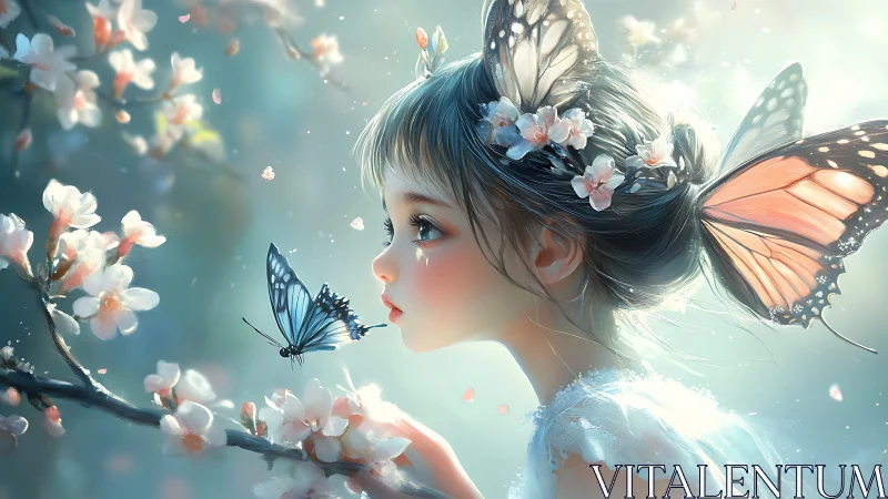 Butterfly-winged girl meets spring blossom spirit in light.