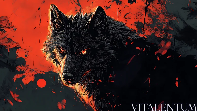 High-contrast wolf portrait with fiery bokeh and vector linework