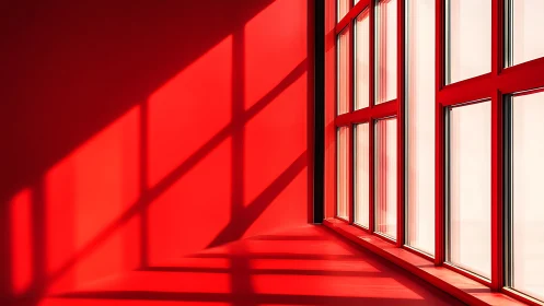 Rectangular window grid casts sharp shadows on red wall