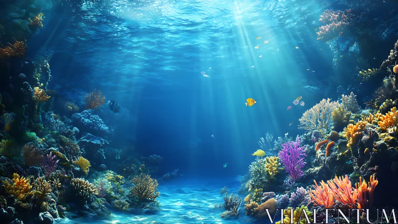 Coral reef scene shows sunlit underwater landscape clearly