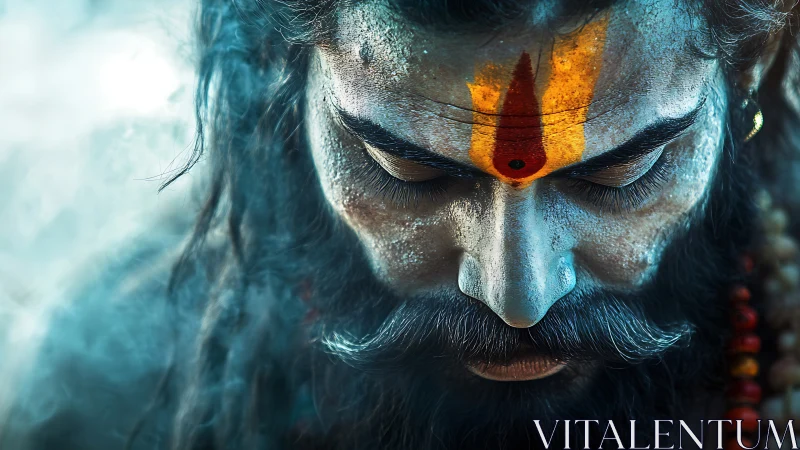 Portrait shows painted forehead of bearded man in prayer