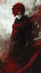 Red haired figure stands in dark garments amid abstract haze