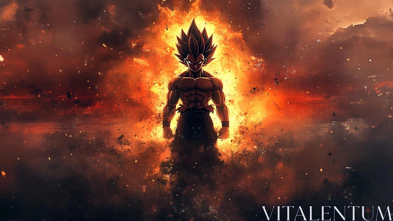 Fiery warrior silhouette rising from swirling cosmic embers.