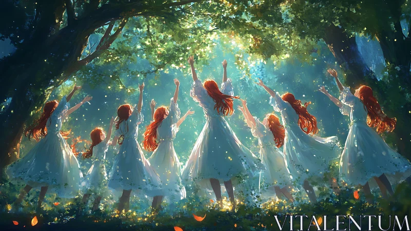 Red haired maidens dancing under glowing forest canopy.