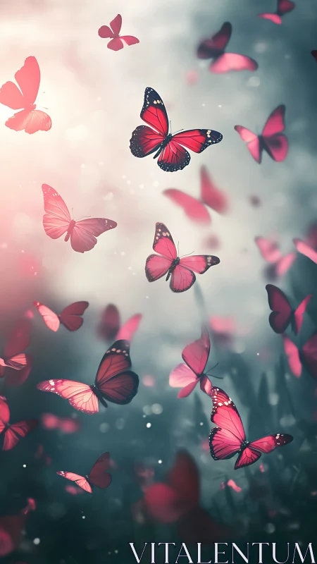 Luminous depth-of-field swarm of red butterflies in flight.