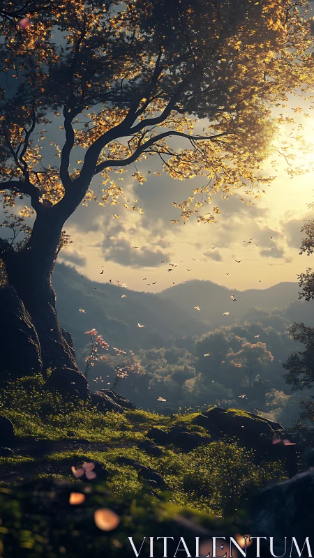 Sunlit hillside tree catching glittering petals on the wind.