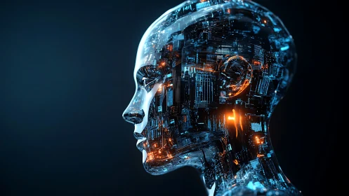 Transparent humanoid head reveals dense illuminated circuitry