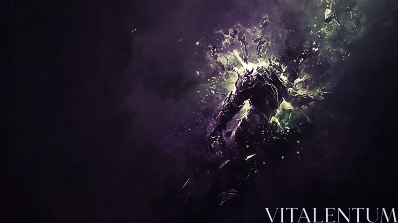 Armored figure disintegrates into glowing purple fragments