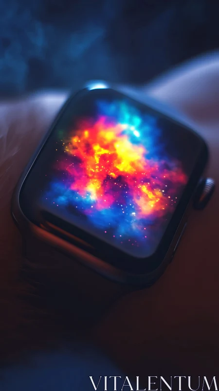 Smartwatch screen displays vivid cosmic nebula animation