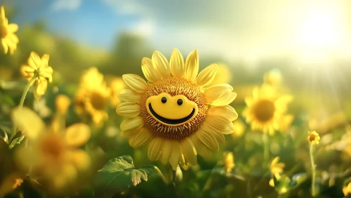 Smiley-faced sunflower rendered in luminous digital realism