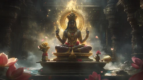 Golden goddess statue radiates light in a misty temple sanctuary